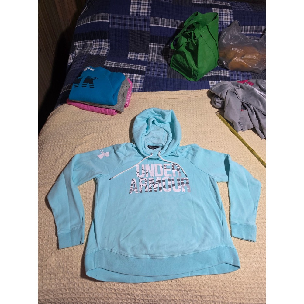 Under Armour ColdGear Hoodie Light Blue Camo Logo Fleece Pullover Large